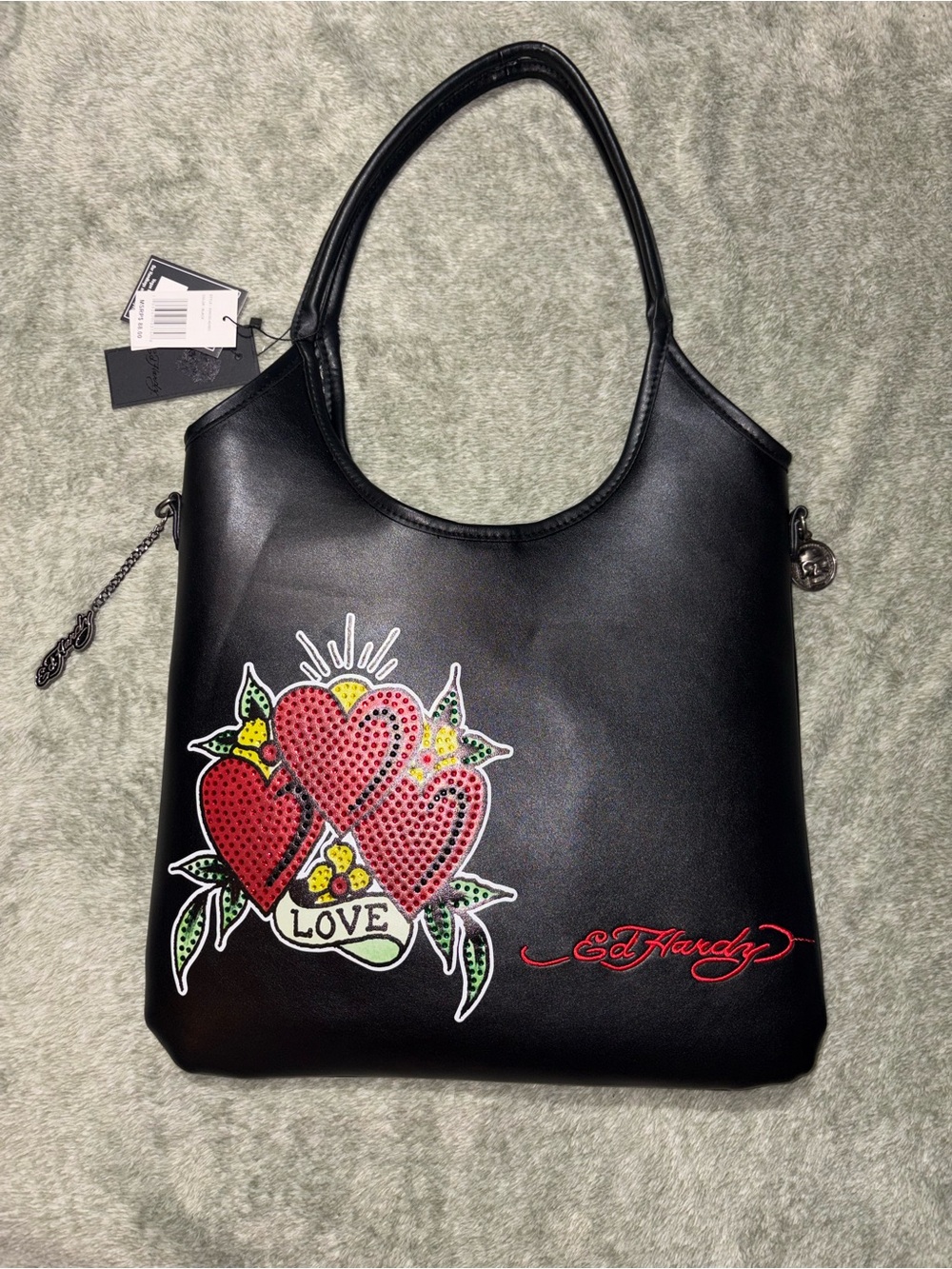 Ed Hardy Black Shoulder Bag with Red Heart Graphic
